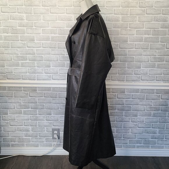 Topshop Black Faux Leather Trench Coat Womens 12 Classic Quiet Luxury Old Money - Picture 3 of 10